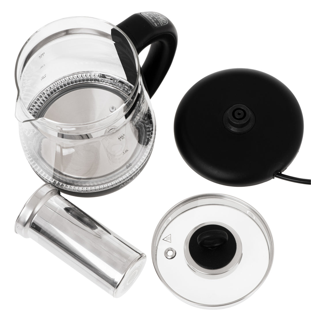 Hervidor de cristal de 1,5 l con infusor y control de temperatura de 2200 W, LED, 60-100 °C, Adler AD 1299, negro