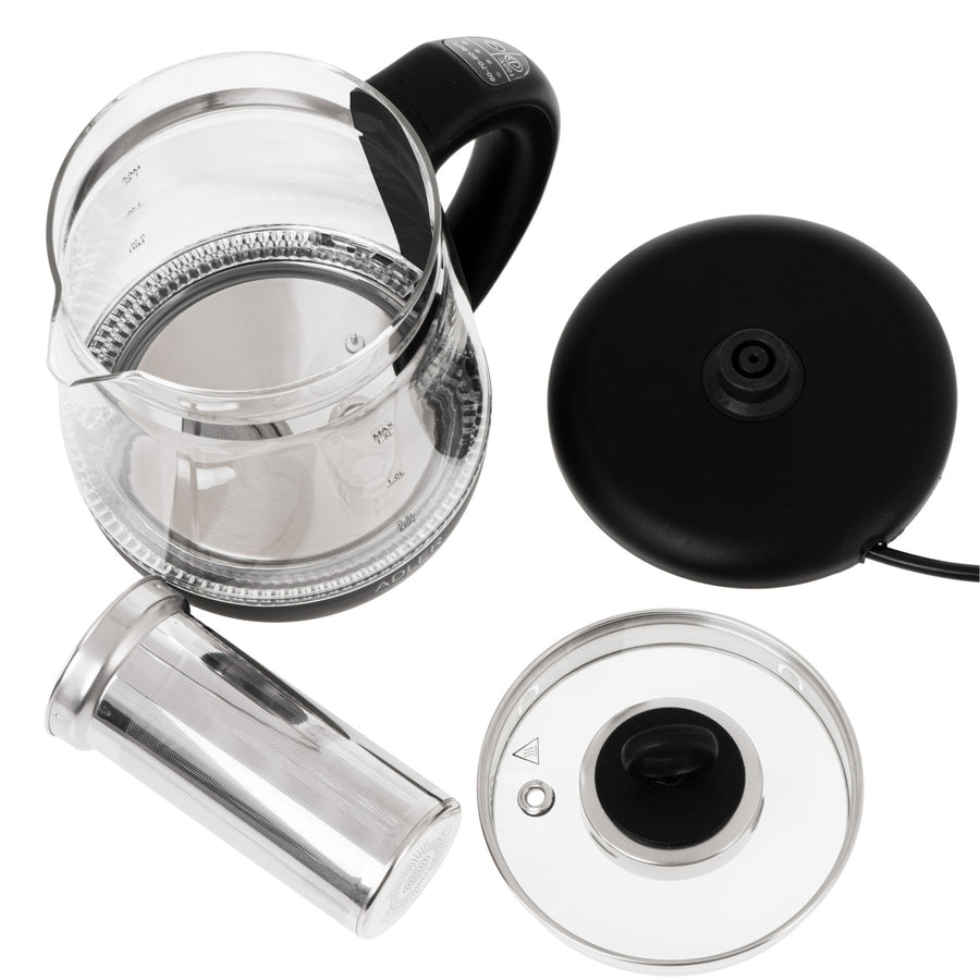 Hervidor de cristal de 1,5 l con infusor y control de temperatura de 2200 W, LED, 60-100 °C, Adler AD 1299, negro