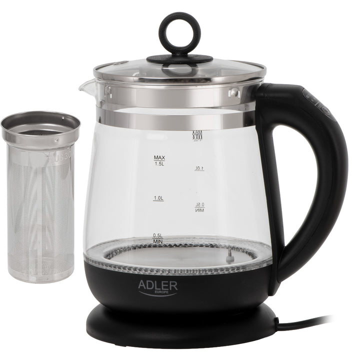 Hervidor de cristal de 1,5 l con infusor y control de temperatura de 2200 W, LED, 60-100 °C, Adler AD 1299, negro