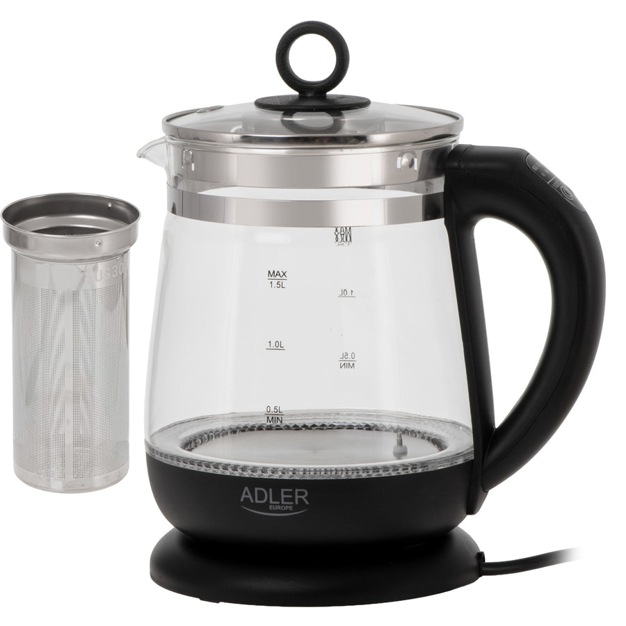 Hervidor de cristal de 1,5 l con infusor y control de temperatura de 2200 W, LED, 60-100 °C, Adler AD 1299, negro