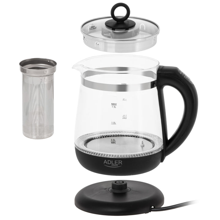 Hervidor de cristal de 1,5 l con infusor y control de temperatura de 2200 W, LED, 60-100 °C, Adler AD 1299, negro