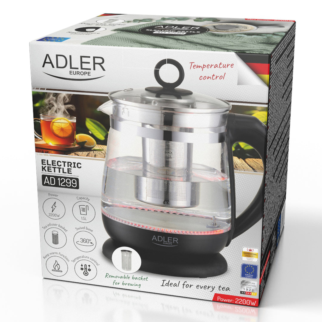 Hervidor de cristal de 1,5 l con infusor y control de temperatura de 2200 W, LED, 60-100 °C, Adler AD 1299, negro