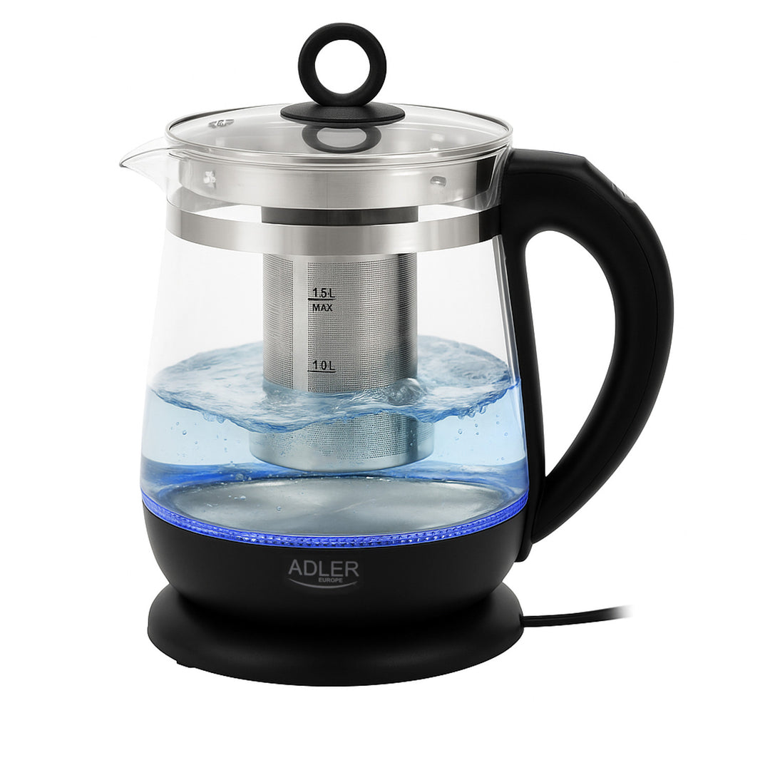 Hervidor de cristal de 1,5 l con infusor y control de temperatura de 2200 W, LED, 60-100 °C, Adler AD 1299, negro