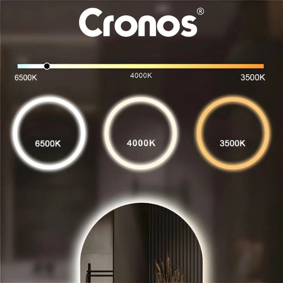 Espejo calefactado Cronos, ovalado, 50 x 80 cm, LED en tres colores, protección IP44, sistema antivaho