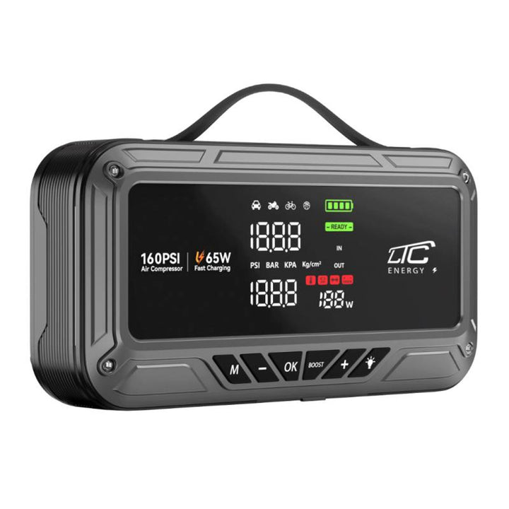 Arranque de emergencia LTC, 12 000 mAh, con compresor, linterna y batería externa, pantalla LCD, potencia de 65 W, cables y funda incluidos, LXJS120