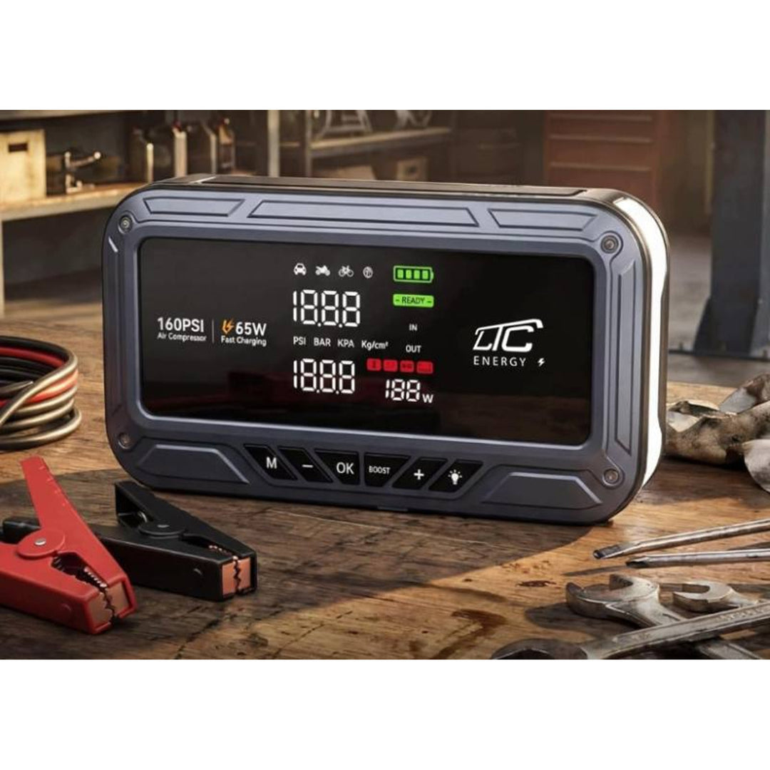 Arranque de emergencia LTC, 12 000 mAh, con compresor, linterna y batería externa, pantalla LCD, potencia de 65 W, cables y funda incluidos, LXJS120