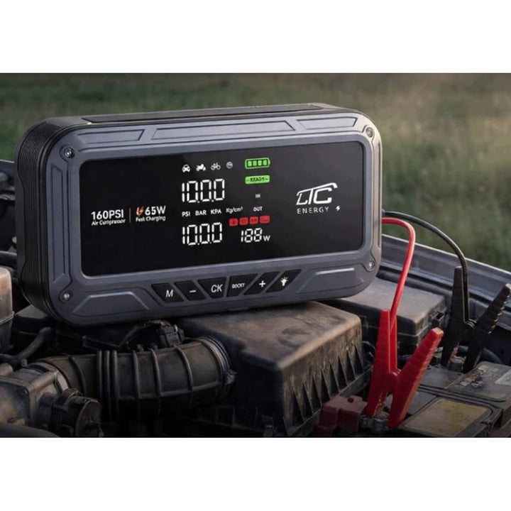 Arranque de emergencia LTC, 12 000 mAh, con compresor, linterna y batería externa, pantalla LCD, potencia de 65 W, cables y funda incluidos, LXJS120