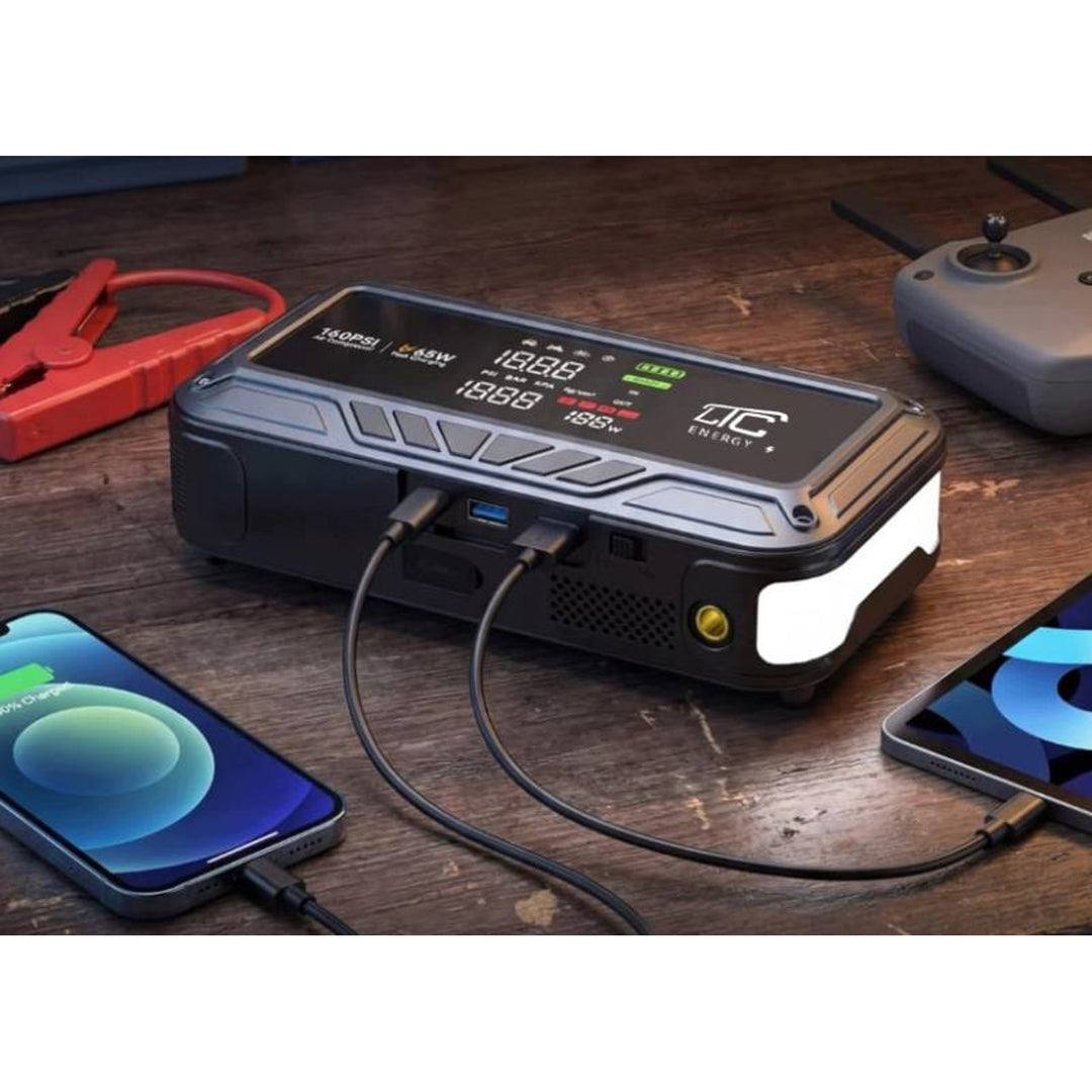 Arranque de emergencia LTC, 12 000 mAh, con compresor, linterna y batería externa, pantalla LCD, potencia de 65 W, cables y funda incluidos, LXJS120