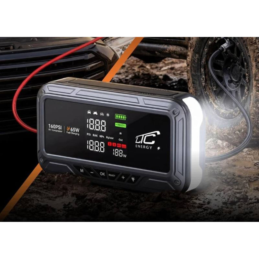 Arranque de emergencia LTC, 12 000 mAh, con compresor, linterna y batería externa, pantalla LCD, potencia de 65 W, cables y funda incluidos, LXJS120