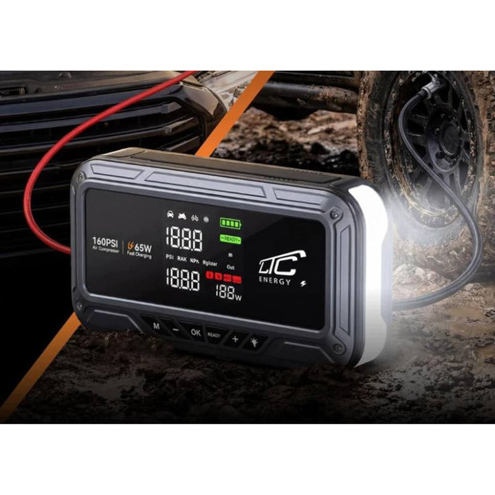 Arranque de emergencia LTC, 12 000 mAh, con compresor, linterna y batería externa, pantalla LCD, potencia de 65 W, cables y funda incluidos, LXJS120