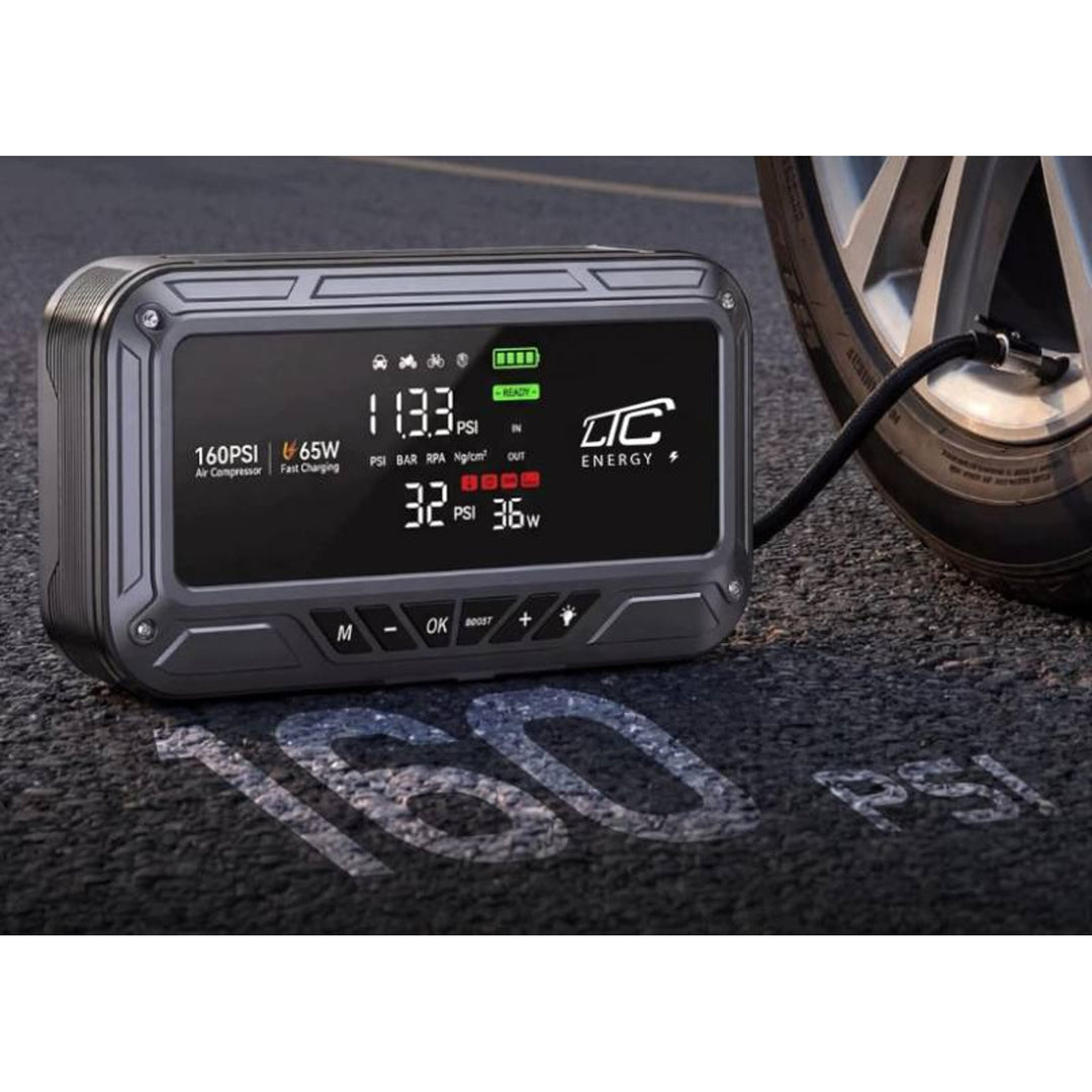 Arranque de emergencia LTC, 12 000 mAh, con compresor, linterna y batería externa, pantalla LCD, potencia de 65 W, cables y funda incluidos, LXJS120