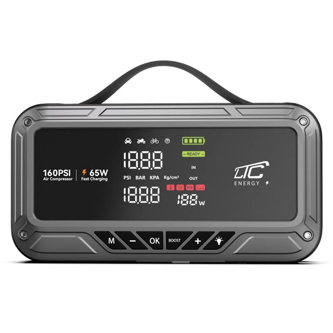 Arranque de emergencia LTC, 12 000 mAh, con compresor, linterna y batería externa, pantalla LCD, potencia de 65 W, cables y funda incluidos, LXJS120