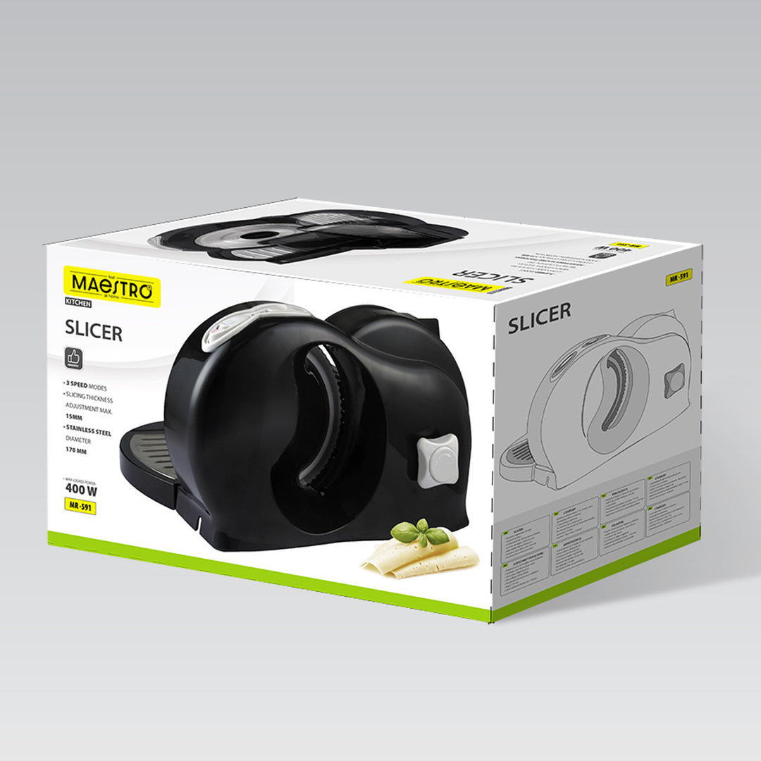 Cortadora Maestro, potencia de 400 W, rango de corte de 0 a 15 mm, cuchilla de acero inoxidable, tres velocidades de corte, con presor y bandeja incluidos, MR-591
