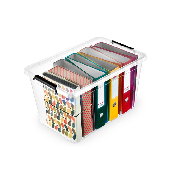 Recipiente Moxom SimpleStore, capacidad de 60 litros, transparente, tapa con cierres a presión, con ruedas, sin BPA, 04-0081