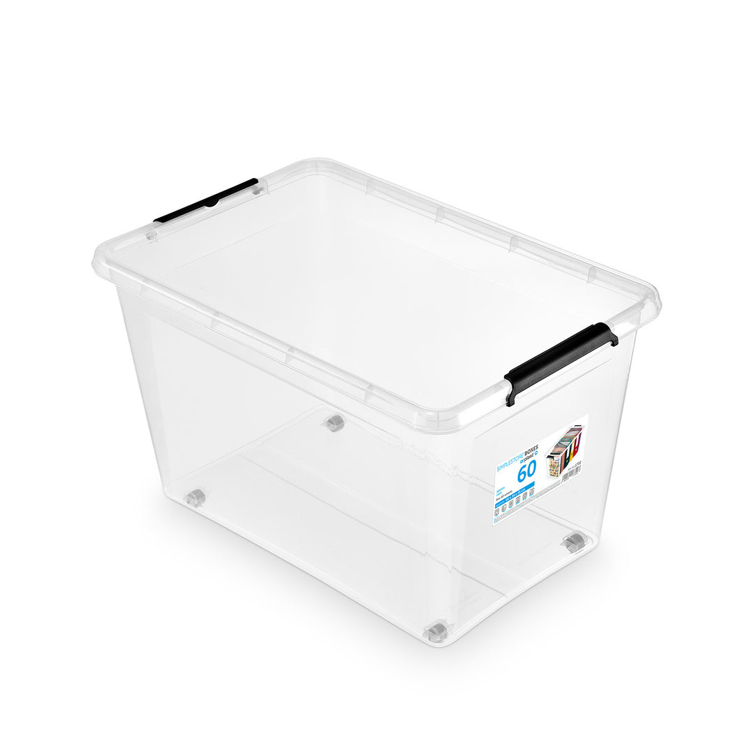 Recipiente Moxom SimpleStore, capacidad de 60 litros, transparente, tapa con cierres a presión, con ruedas, sin BPA, 04-0081