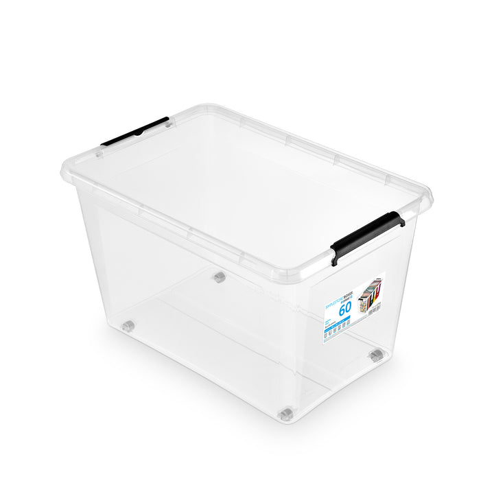Recipiente Moxom SimpleStore, capacidad de 60 litros, transparente, tapa con cierres a presión, con ruedas, sin BPA, 04-0081