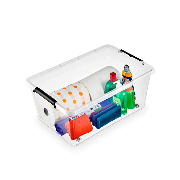 Recipiente Moxom SimpleStore, capacidad de 40 l, transparente, tapa con cierres a presión, con ruedas, sin BPA, 04-0076