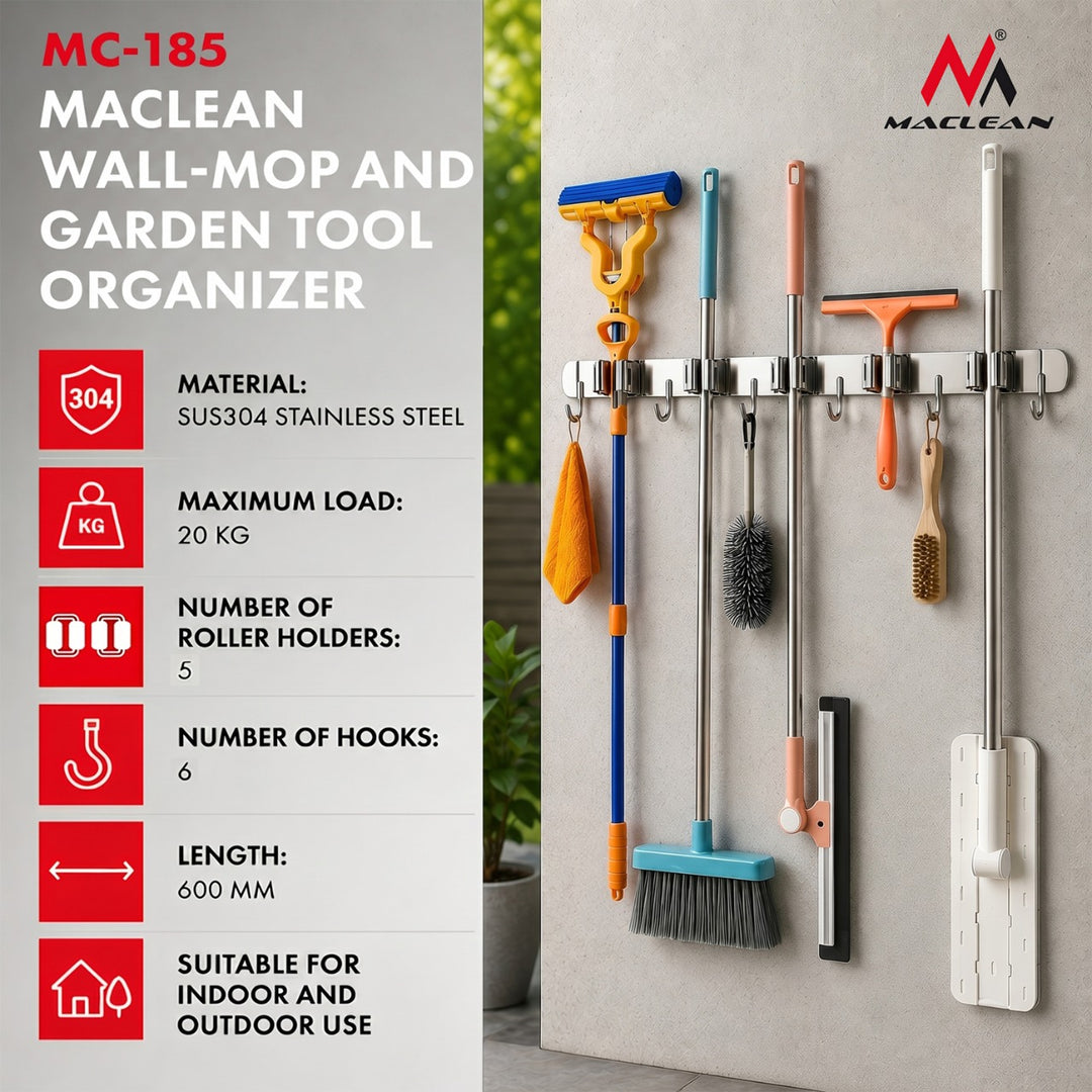 Organizador de pared para herramientas de jardín y fregonas Maclean, de acero, con ganchos, carga máxima de 20 kg, 60 cm de ancho, MC-185, 2 unidades
