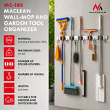 Organizador de pared para herramientas de jardín y fregonas Maclean, de acero, con ganchos, carga máxima de 20 kg, 60 cm de ancho, MC-185, 2 unidades