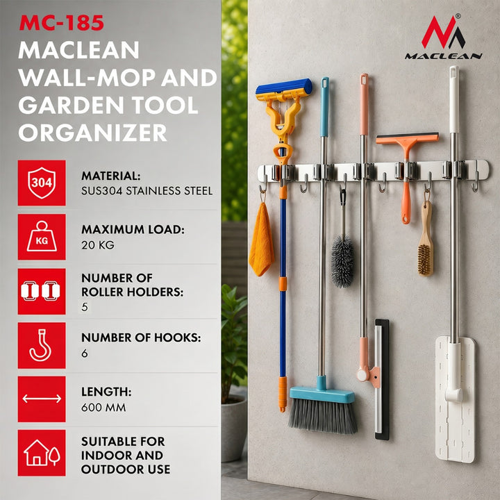 Organizador de pared para herramientas de jardín y fregonas Maclean, de acero, con ganchos, carga máxima de 20 kg, 60 cm de ancho, MC-185, 2 unidades