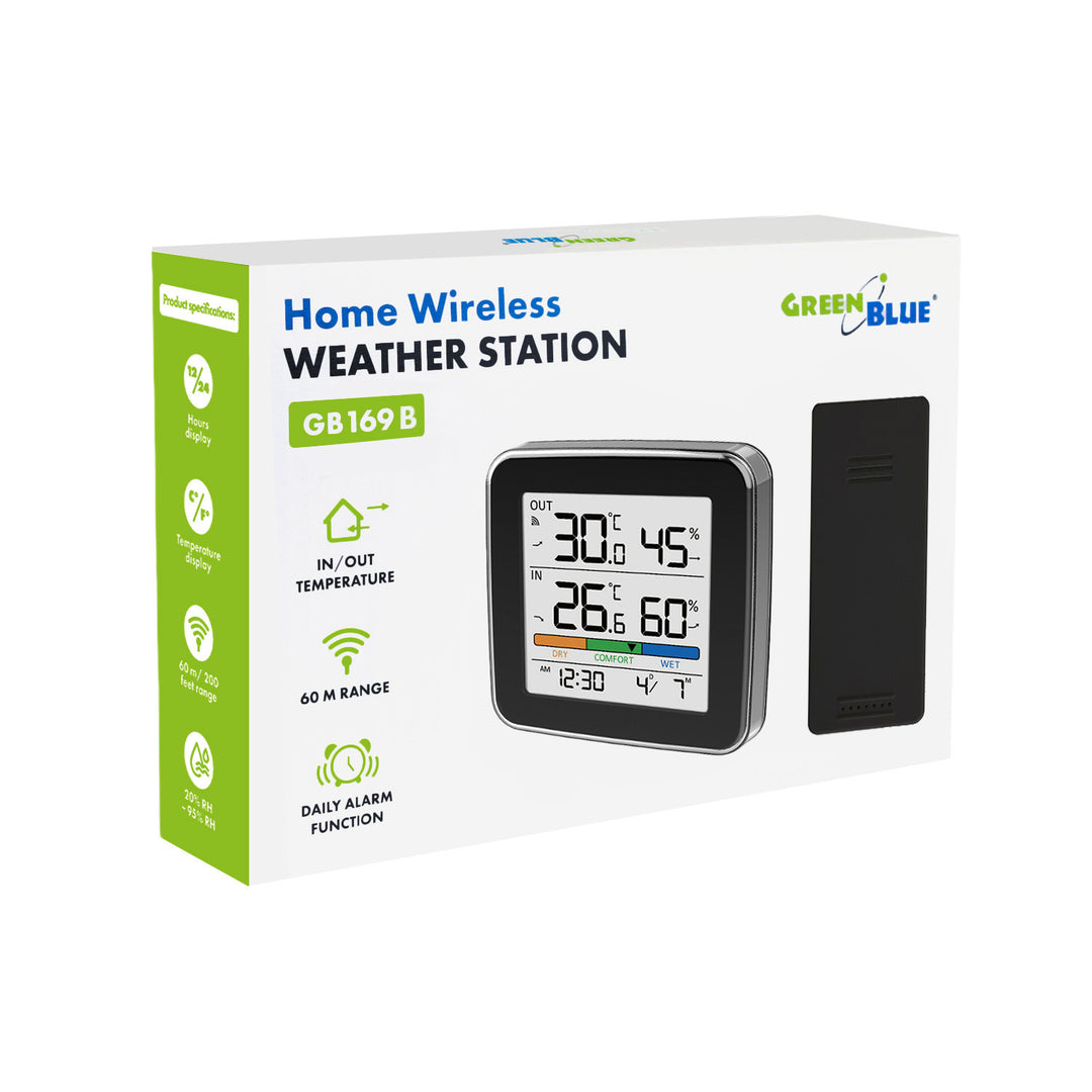 Estación meteorológica inalámbrica GreenBlue, temperatura y humedad interior/exterior, reloj, alarma y fecha, °C / °F, hasta 60 m, negra, GB169 B + 4 pilas alcalinas AAA Varta Industrial