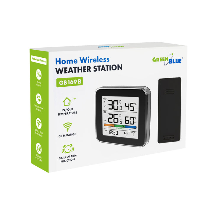 Estación meteorológica inalámbrica GreenBlue, temperatura y humedad interior/exterior, reloj, alarma y fecha, °C / °F, hasta 60 m, negra, GB169 B + 4 pilas alcalinas AAA Varta Industrial