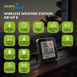 Estación meteorológica inalámbrica GreenBlue, temperatura y humedad interior/exterior, reloj, alarma y fecha, °C / °F, hasta 60 m, negra, GB169 B + 4 pilas alcalinas AAA Varta Industrial