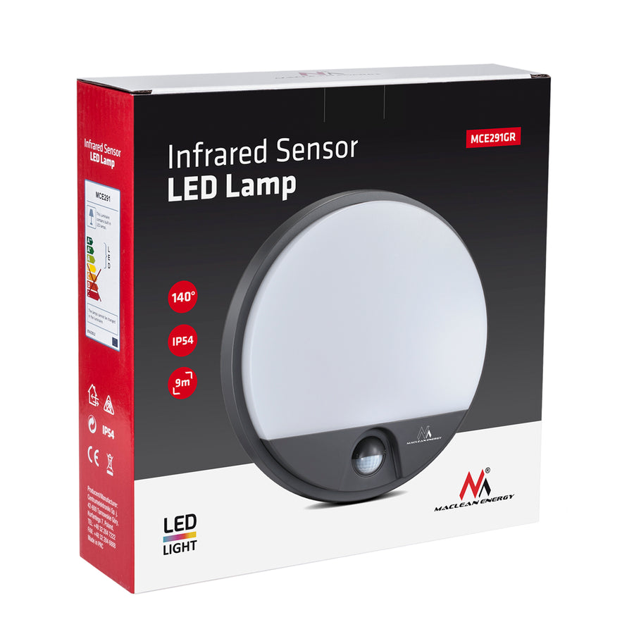 Lámpara LED con sensor de movimiento Maclean, sensor PIR, color gris, 15 W, IP54, 1100 lm, luz neutra, MCE291 W, 2 unidades