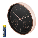 Reloj de pared dorado de 12'' (30 cm) con termómetro e higrómetro CE70 G + pila alcalina R-06 LR6 AA de 1,5 V Varta Industrial