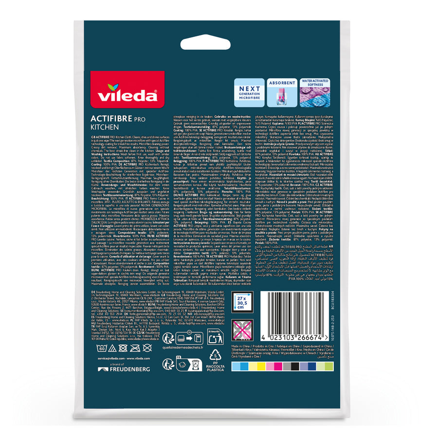Paño de cocina Vileda Actifibre Pro, de microfibra, con recubrimiento de PVA, lavable hasta 60 °C, 183303, 4 unidades
