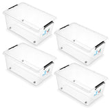 Contenedor Moxom SimpleStore, capacidad de 40 l, transparente, tapa con cierres a presión, con ruedas, sin BPA, 04-0076, 4 unidades