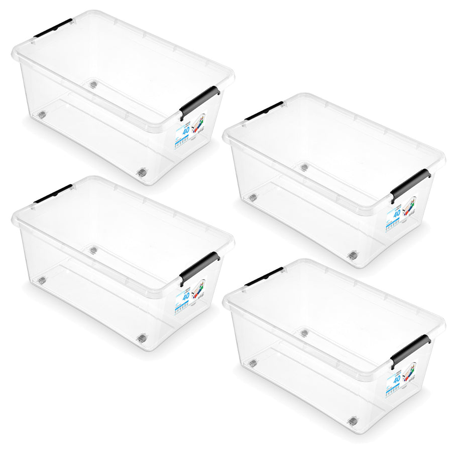 Contenedor Moxom SimpleStore, capacidad de 40 l, transparente, tapa con cierres a presión, con ruedas, sin BPA, 04-0076, 4 unidades