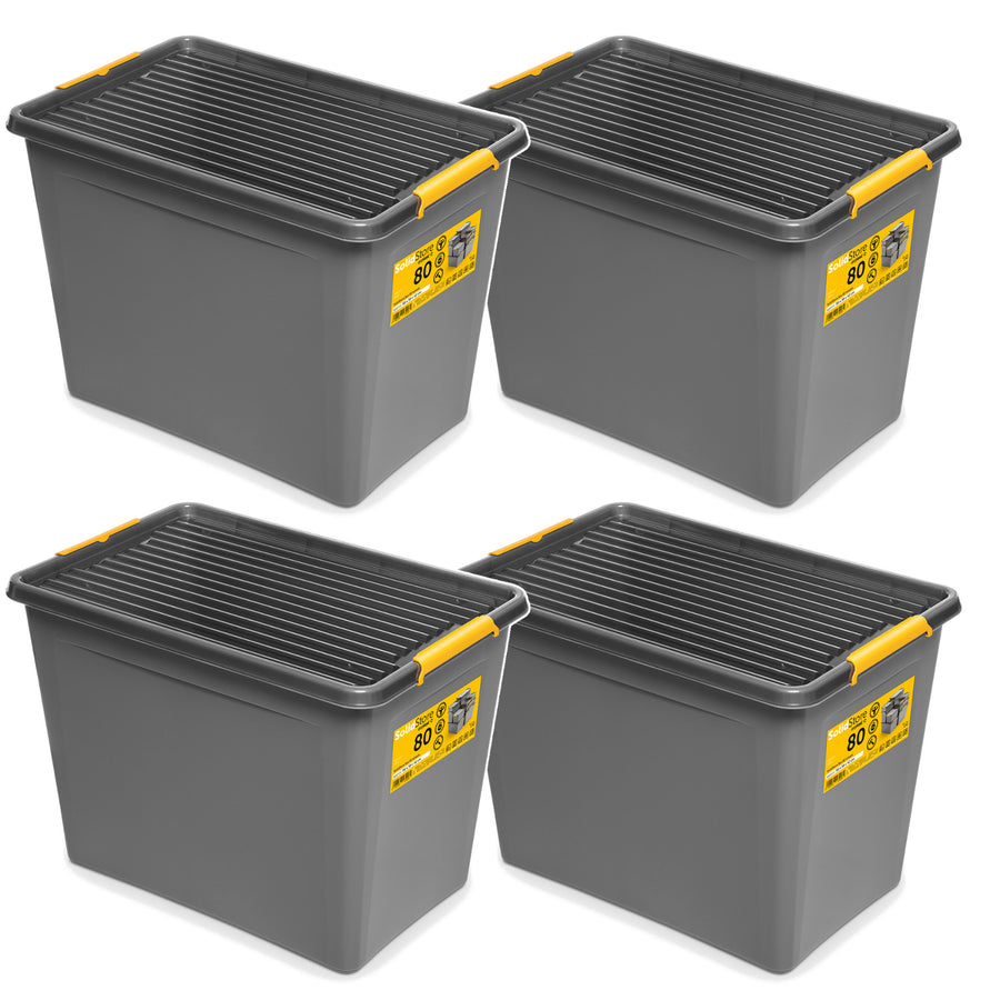 Contenedor Moxom SolidStore, capacidad de 80 l, color gris, tapa con cierres a presión, con ruedas, sin BPA, 04-0217, 4 unidades