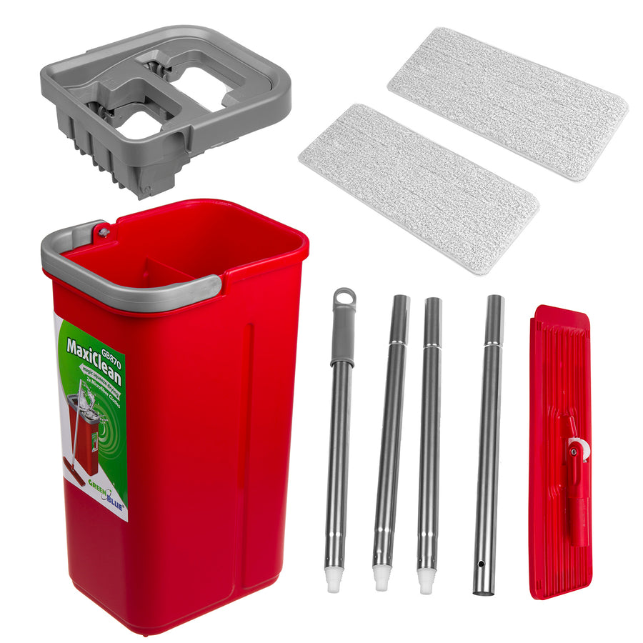 Fregona plana con cubo y escurridor GreenBlue, dos recambios de microfibra HQ, capacidad de 5,7 l, MaxiClean GB870 + 4 estropajos Vileda Pur Active Colors