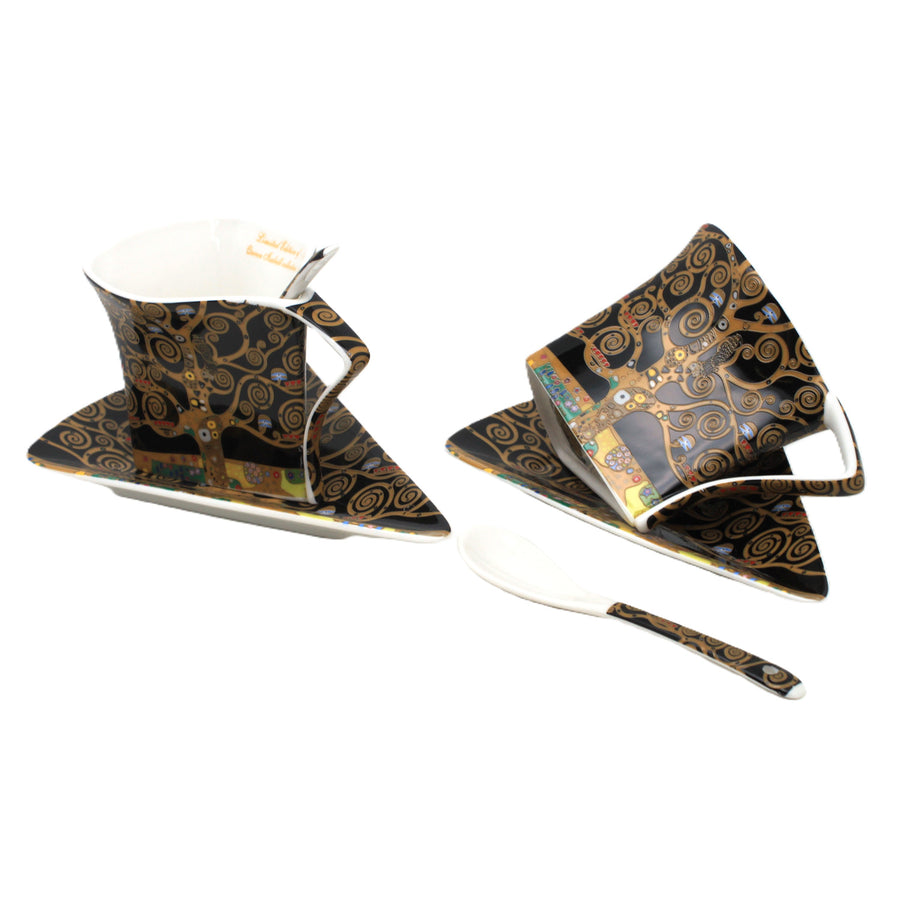 Tazas de porcelana Klimt «El árbol de la vida», 2 x 180 ml, con cucharillas, Queen Isabell
