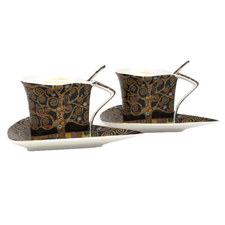 Tazas de porcelana Klimt «El árbol de la vida», 2 x 180 ml, con cucharillas, Queen Isabell