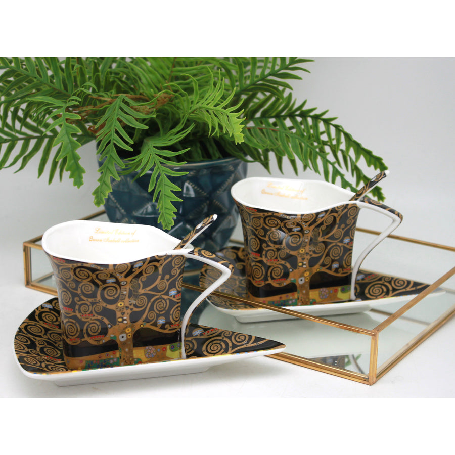 Tazas de porcelana Klimt «El árbol de la vida», 2 x 180 ml, con cucharillas, Queen Isabell