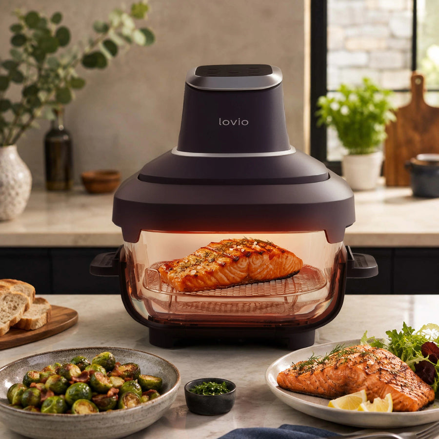 Freidora sin aceite LOVIO PureFry Ultra Crisp LVAF003BK 4 l + 1,5 l, 1550 W, negra, con recipientes de cristal
