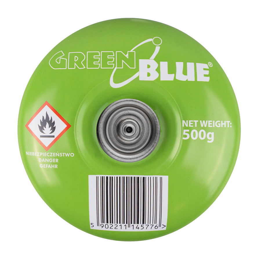 Cartucho de gas GreenBlue de 500 g. Certificado: Pi 0437, conforme a la norma EN 417, butano-propano, rango de temperatura de -10 °C a +40 °C, válvula de 7/16", GB499, 48 unidades