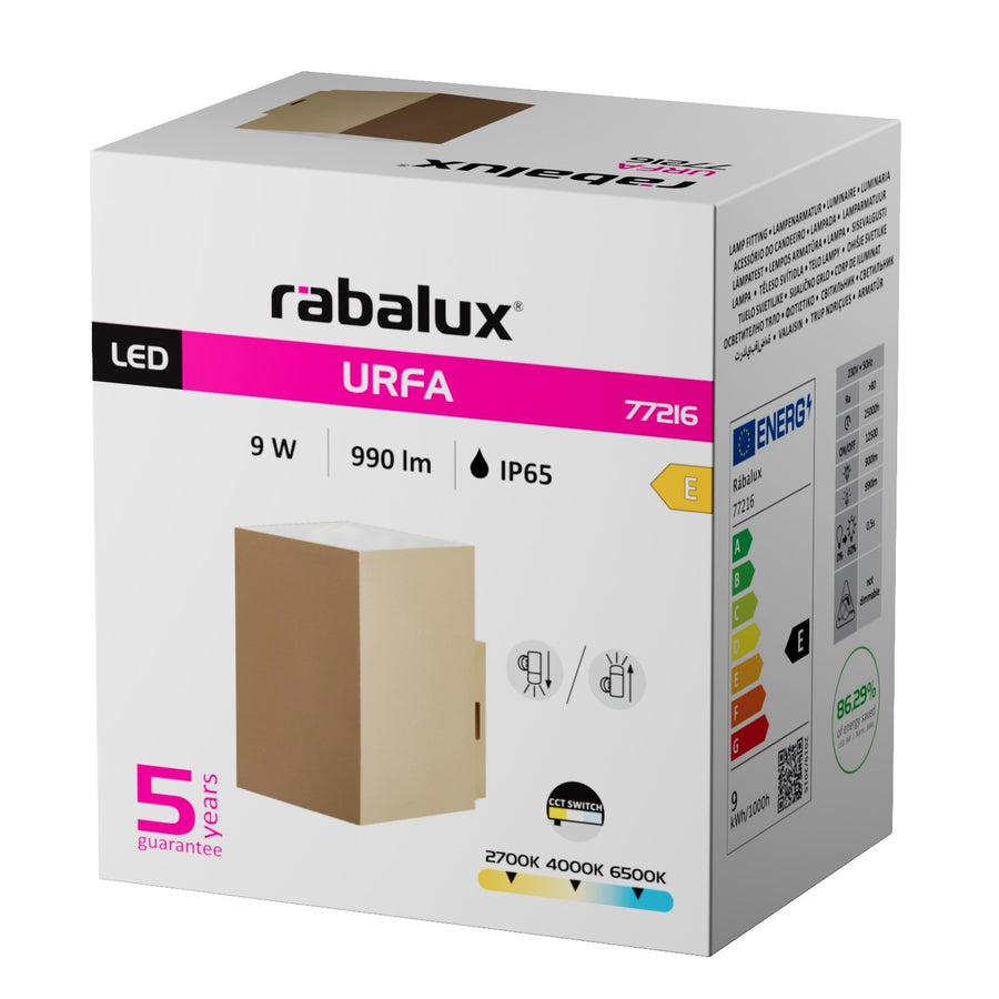 Aplique de exterior, Urfa, LED 9 W, 900 lm, temperatura de color 2700, 4000, 6500 K, H 11,5 cm, IP65, gris-beige, 77216