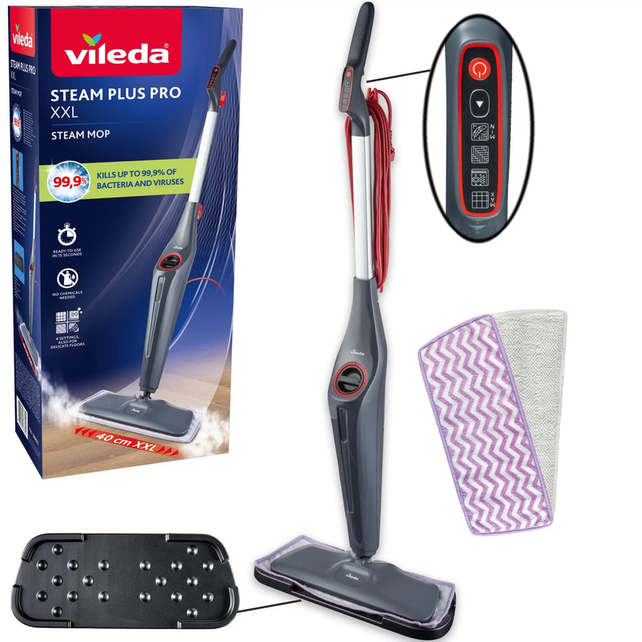Fregona a vapor Vileda Steam Plus XXL Pro, elimina el 99,9 % de las bacterias, ideal para superficies grandes, apta para todo tipo de suelos, 180835