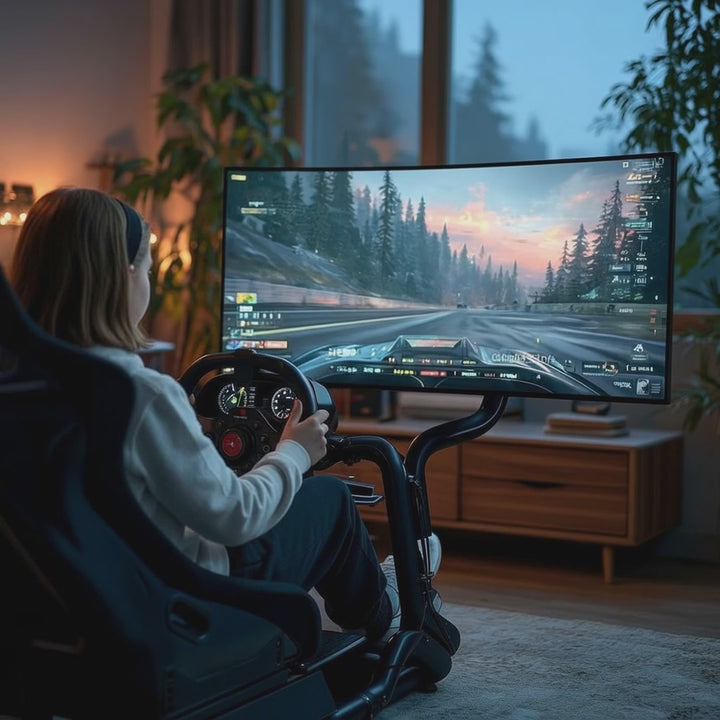 Simulador de corrida Cockpit 3 em 1 Assento gamer até 130kg Suporte para alavanca de câmbio Suporte para volante Suporte para TV até 50" Max. Vesa 400x200...