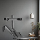Maclean MC-633 Estación de trabajo de pie y sentado 3 en 1: soporte de pared para monitor de 2 vías con estante para teclado y soporte para computadora Soporte de pared de resorte de gas de 17-32 "pulgadas