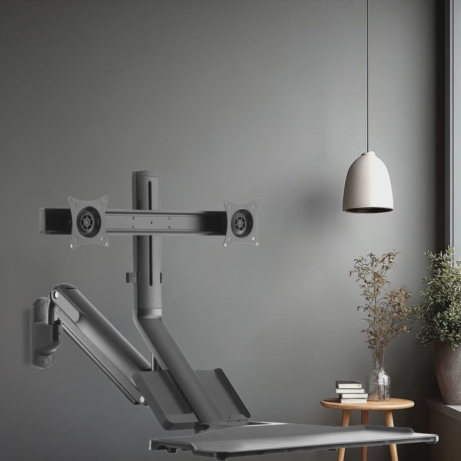 Maclean MC-633 Estación de trabajo de pie y sentado 3 en 1: soporte de pared para monitor de 2 vías con estante para teclado y soporte para computadora Soporte de pared de resorte de gas de 17-32 "pulgadas