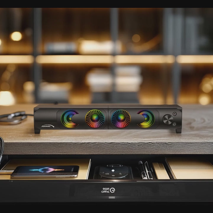 Altavoz 2 en 1 2.0 para PC con función de barra de sonido Retroiluminación RGB Altavoz estéreo 2x3W RMS Fuente de alimentación AUX 3,5 mm USB