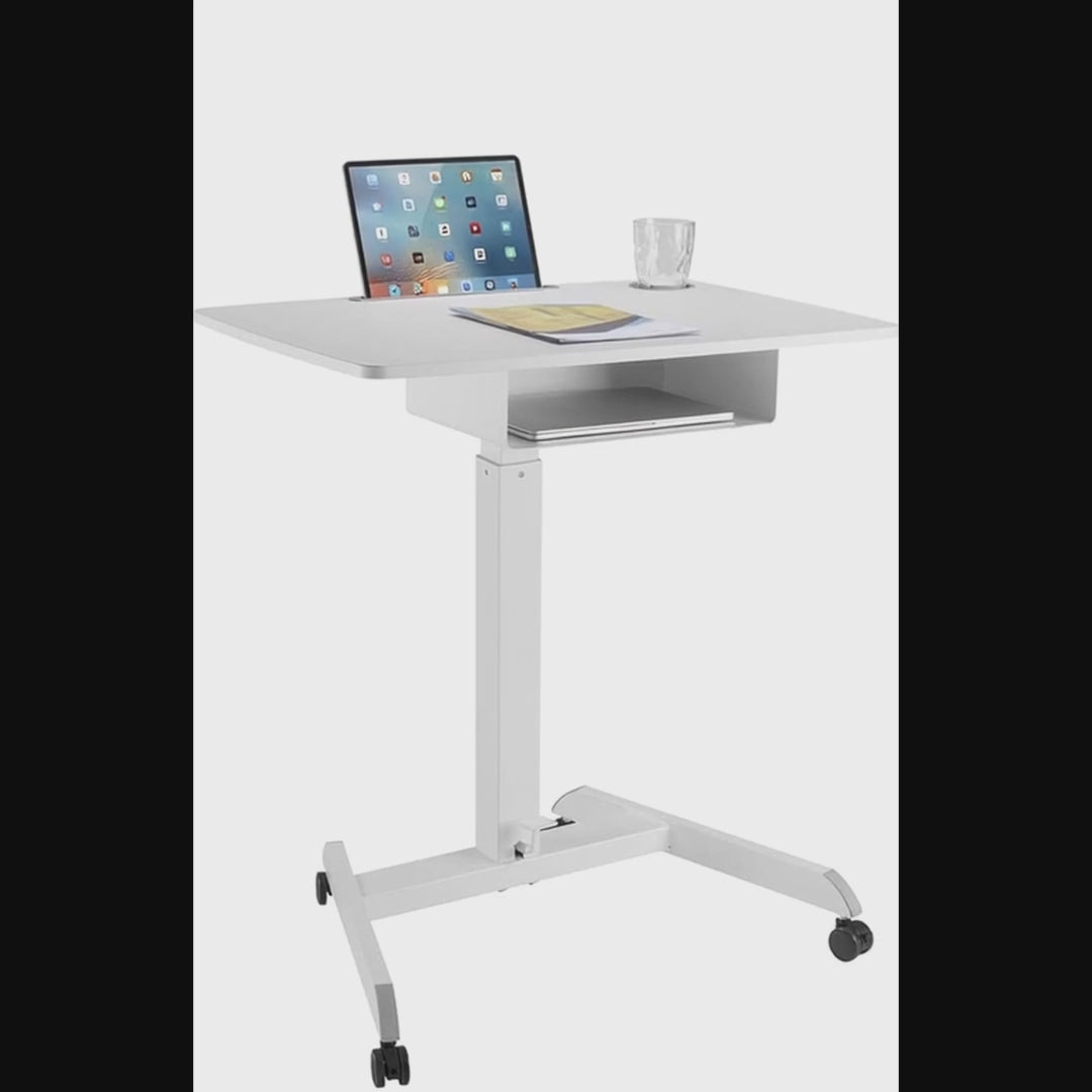 Escritorio para ordenador portátil de altura regulable con ruedas y un cajón de pie regulable en altura hasta un máximo de 113 cm y un máximo de 8 kg (blanco)