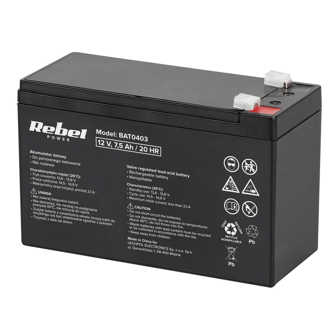 Bateria de gel Rebel Power 12V 7,5 Ah sem manutenção