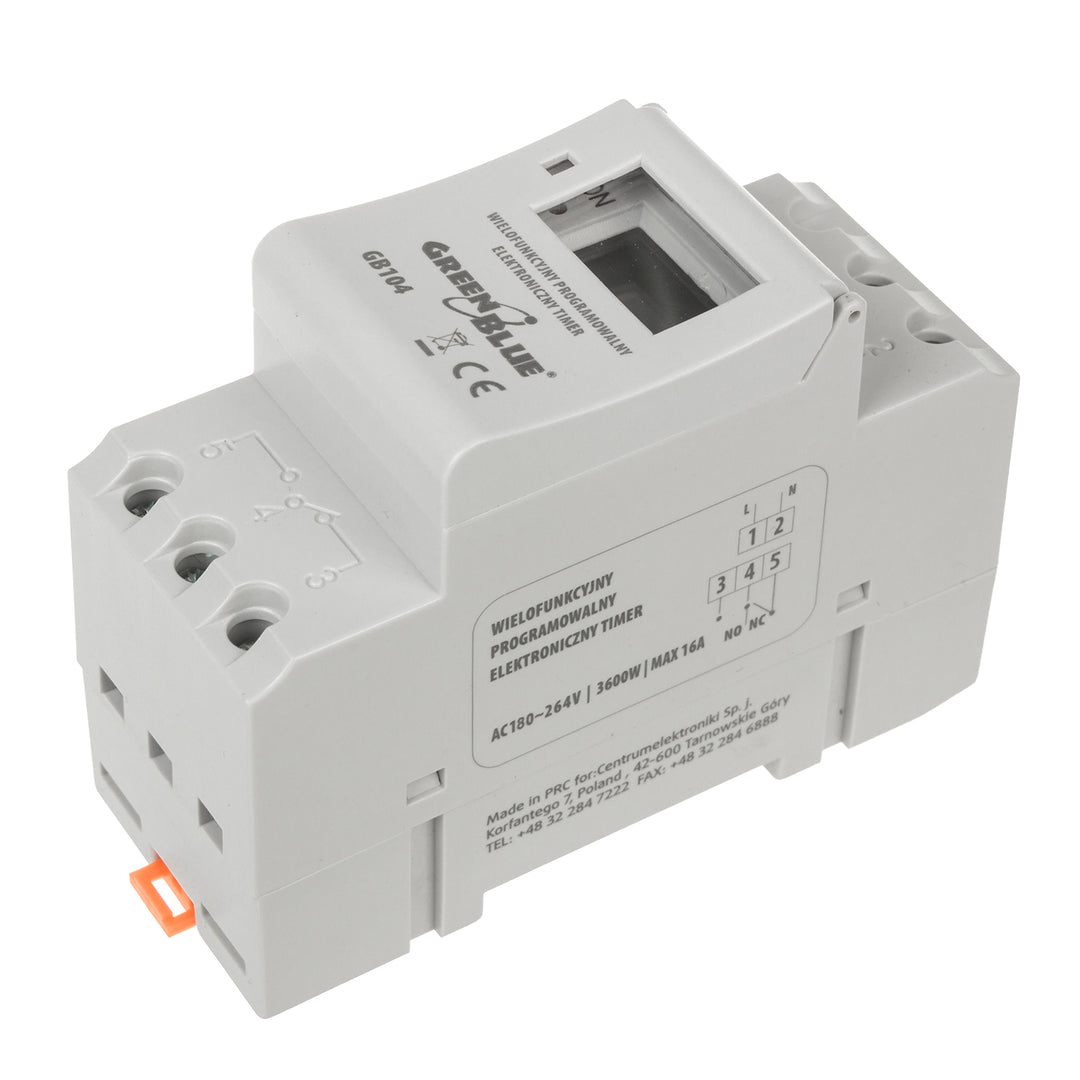 Programador eléctrico digital diario semanal tipo carril DIN 16A 250V GreenBlue GB100
