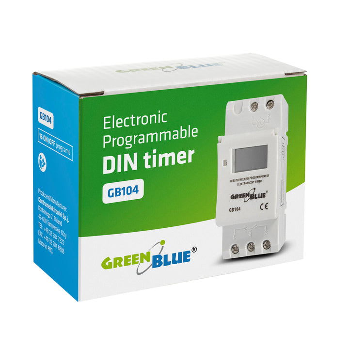 Programador eléctrico digital diario semanal tipo carril DIN 16A 250V GreenBlue GB100