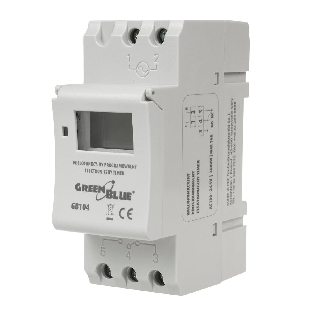 Programador eléctrico digital diario semanal tipo carril DIN 16A 250V GreenBlue GB100